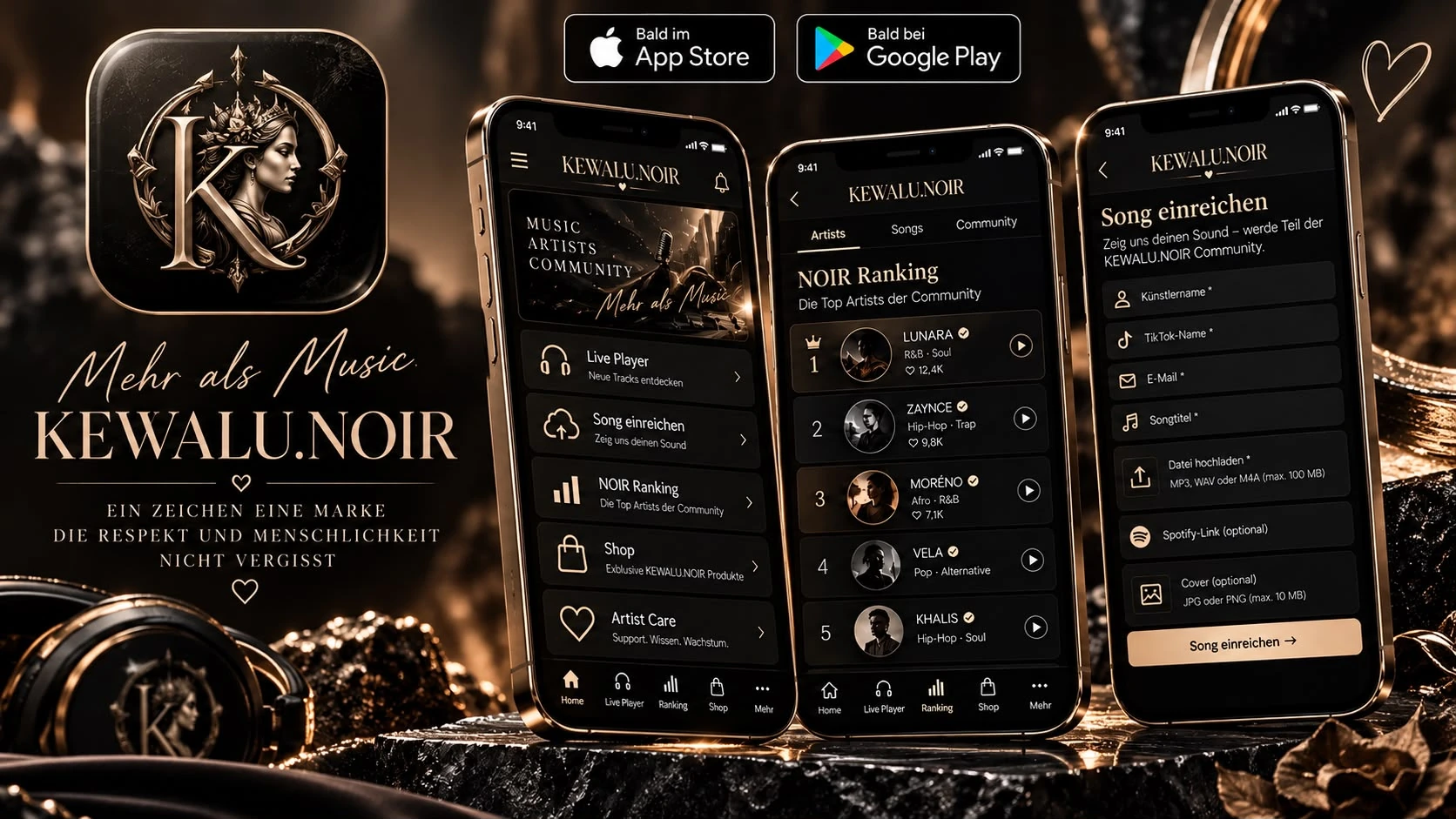 KEWALU.NOIR App-Vorschau mit App-Symbol, Rankings und Song-Einreichung